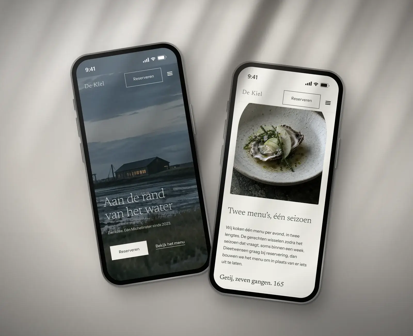 De site van De Kiel op twee telefoons: de hero en de twee menu’s