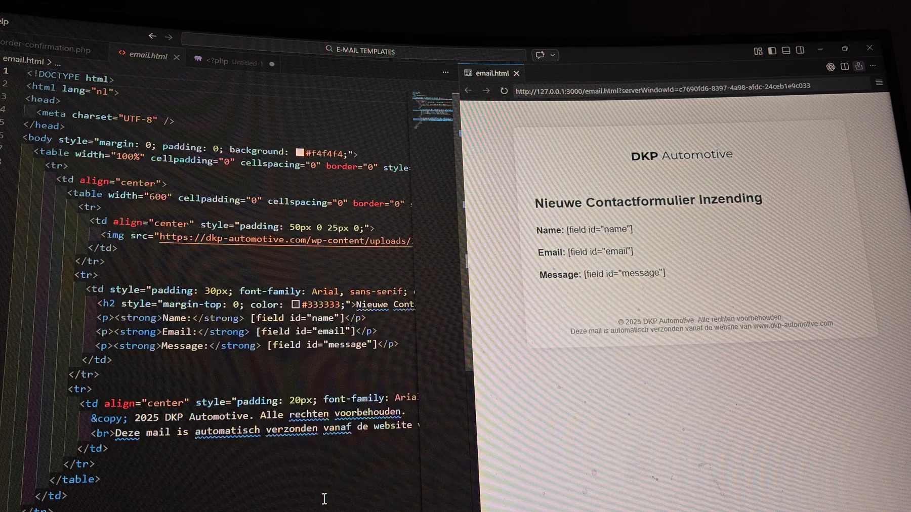 Code en voorbeeld van een e-mailtemplate voor het contactformulier van DKP Automotive