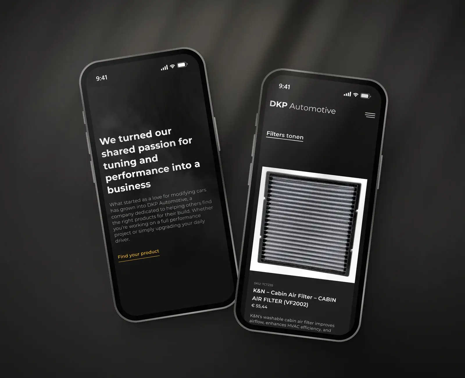 De DKP Automotive-webshop op twee telefoons: de hero en de shop met filters