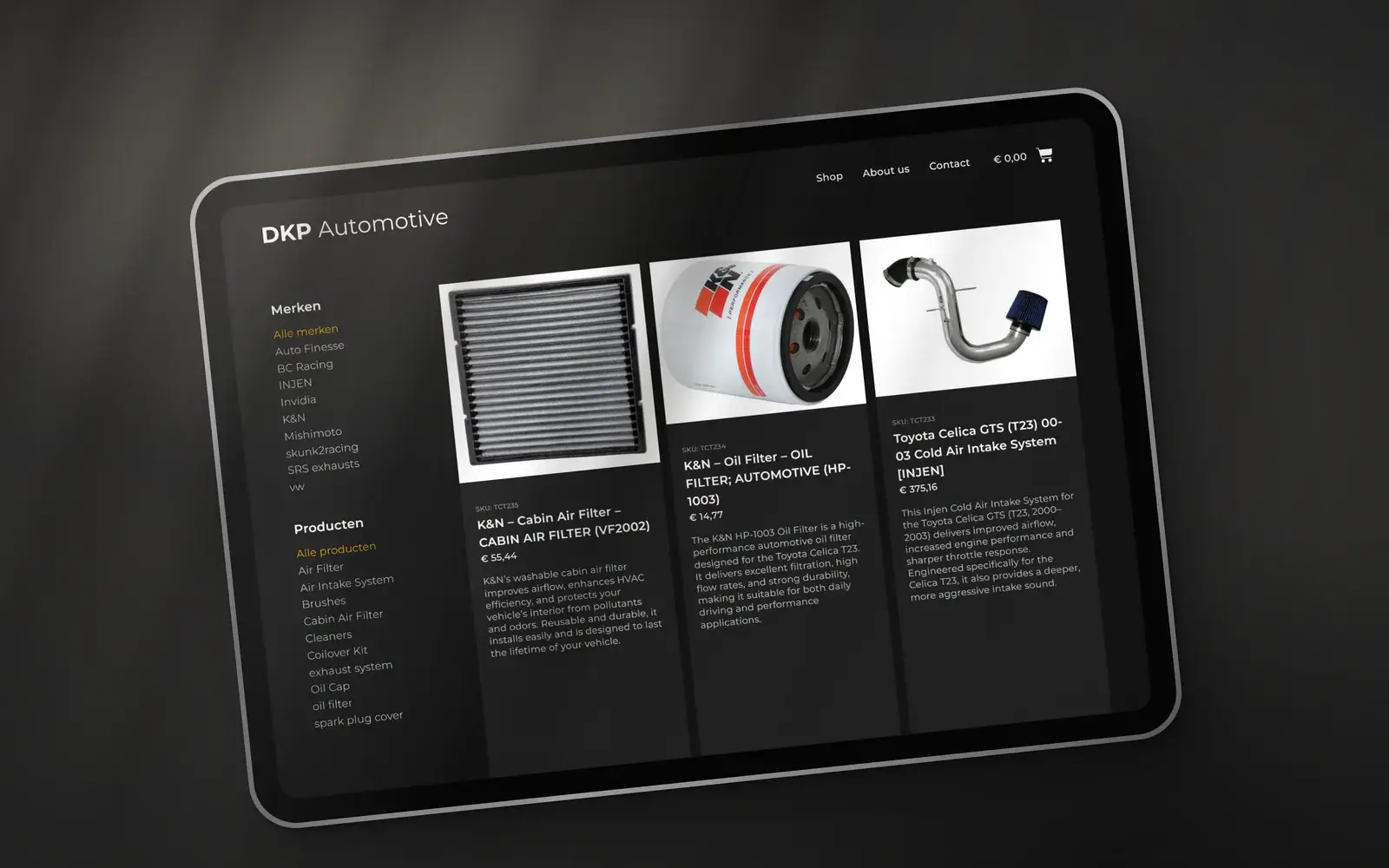 De shop van DKP Automotive op een tablet, met filters op merk en productsoort naast filters en intakes