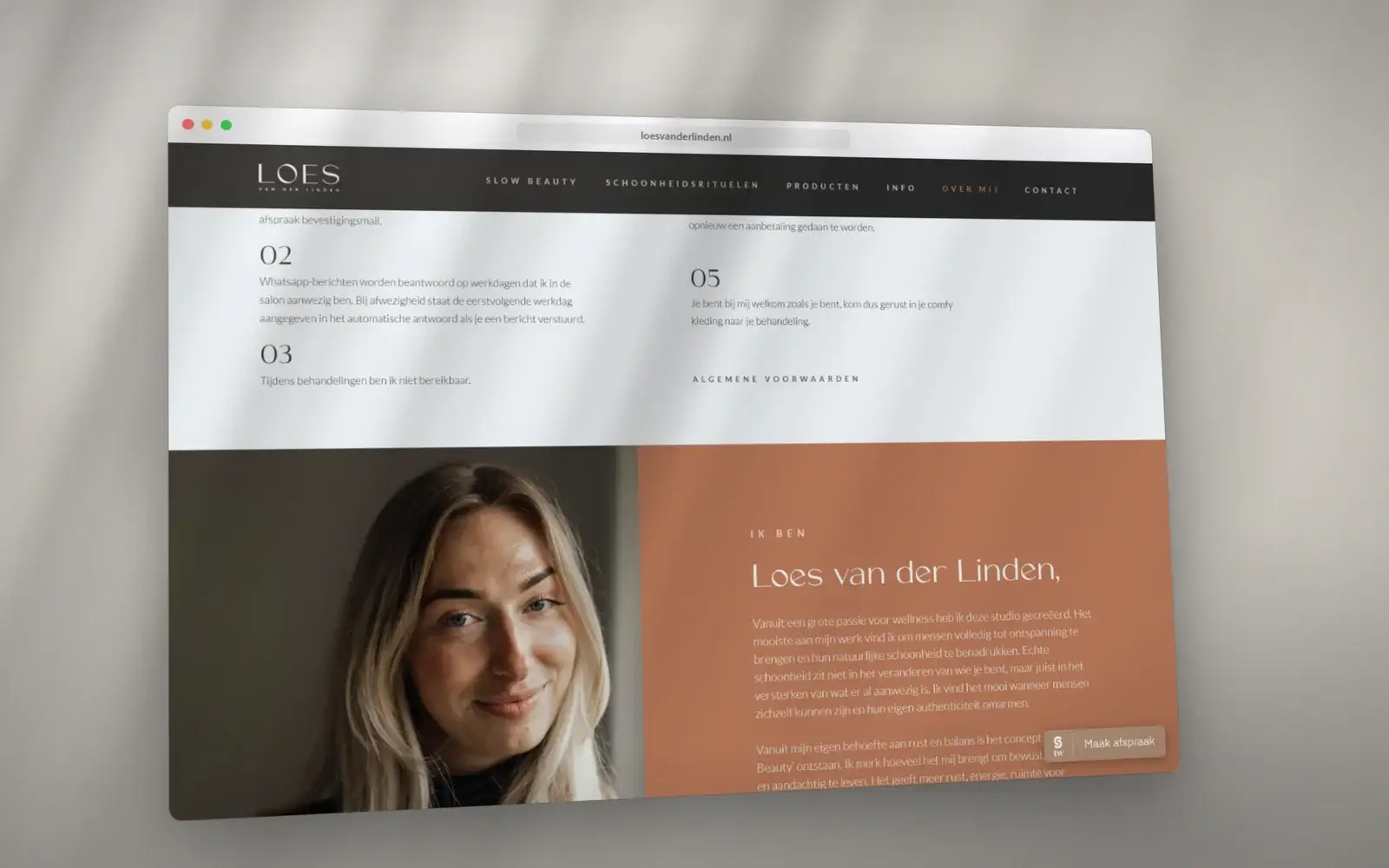 Blok Ik ben Loes van der Linden in een browservenster, met een portret op terracotta