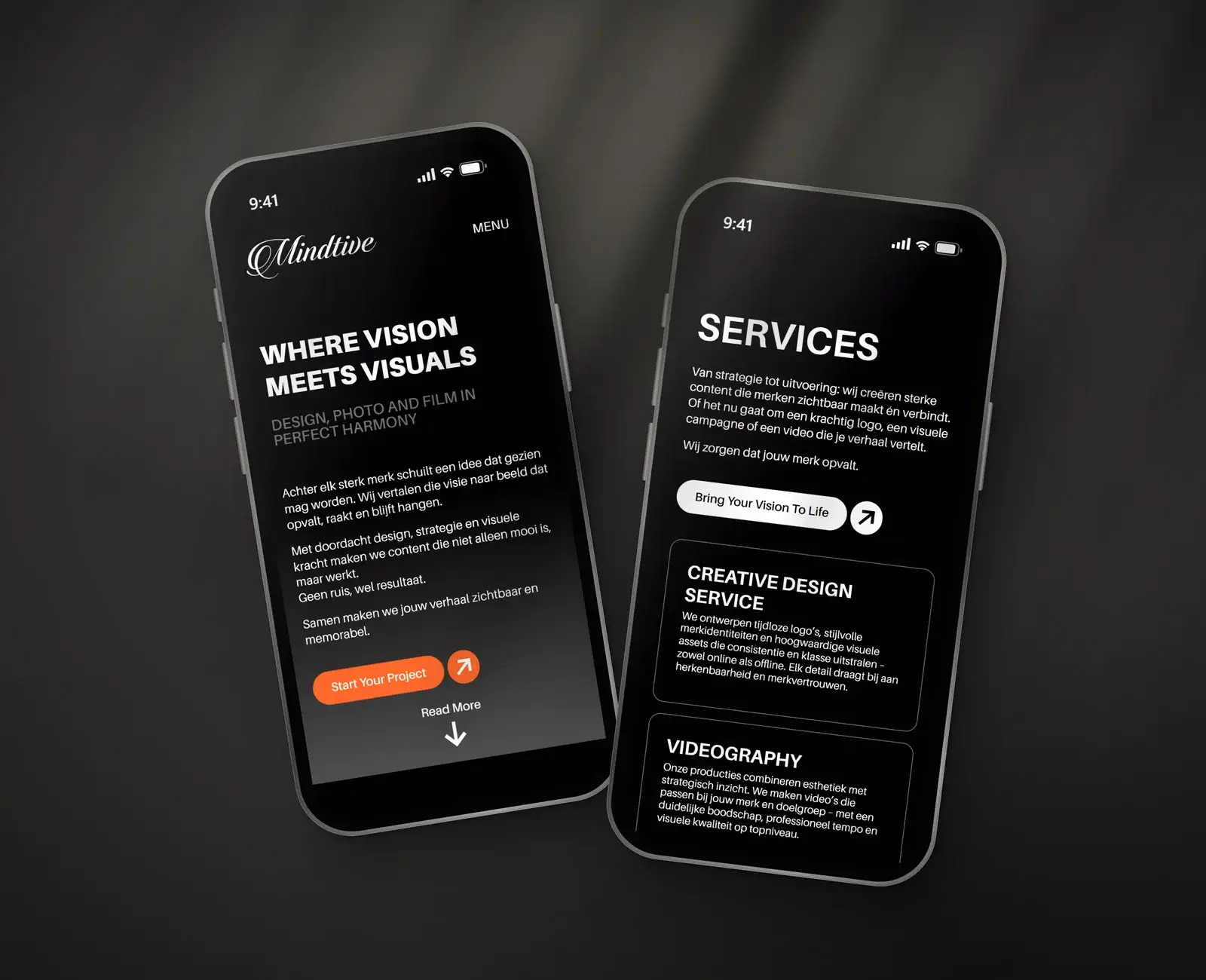 De Mindtive-site op twee telefoons: de hero en de diensten