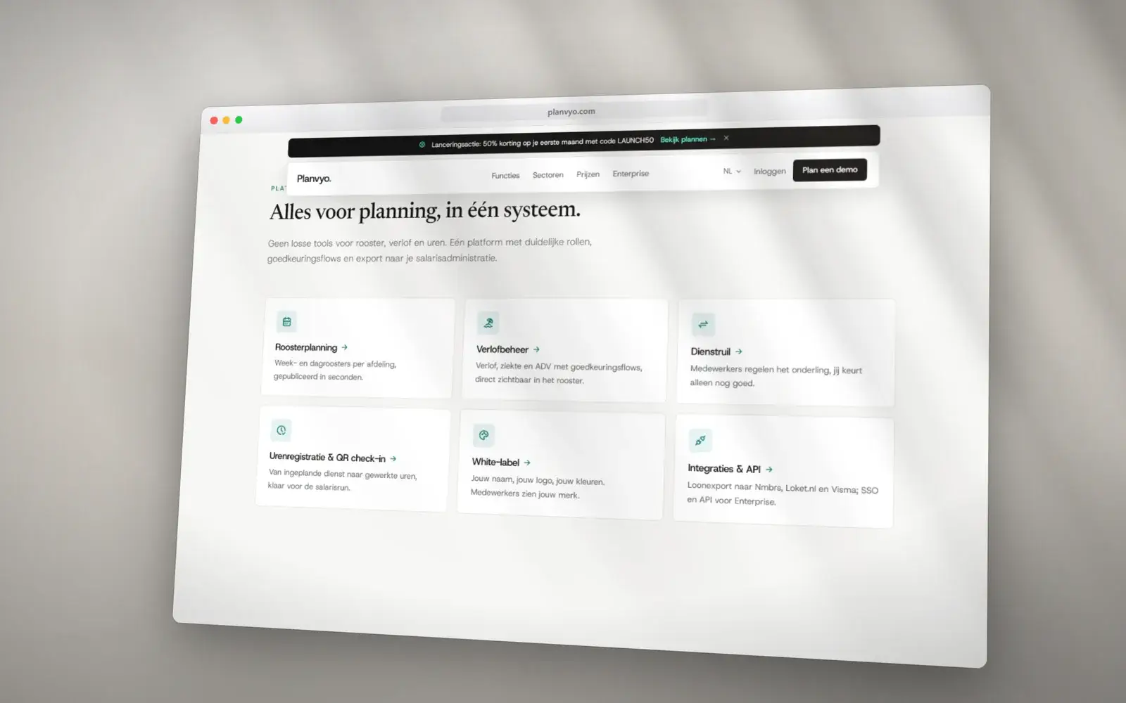 Blok Alles voor planning in één systeem op de Planvyo-site: roosterplanning, verlofbeheer, dienstruil en meer