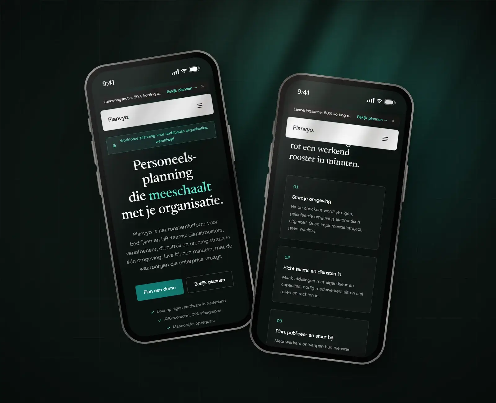 De Planvyo-site op twee telefoons: de hero en de stappen van aanmelding tot een werkend rooster