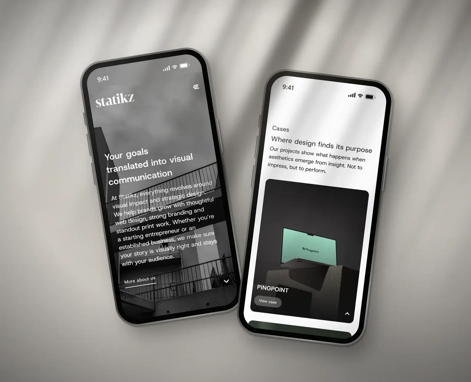 De Statikz-site op twee telefoons: de hero en het overzicht van cases