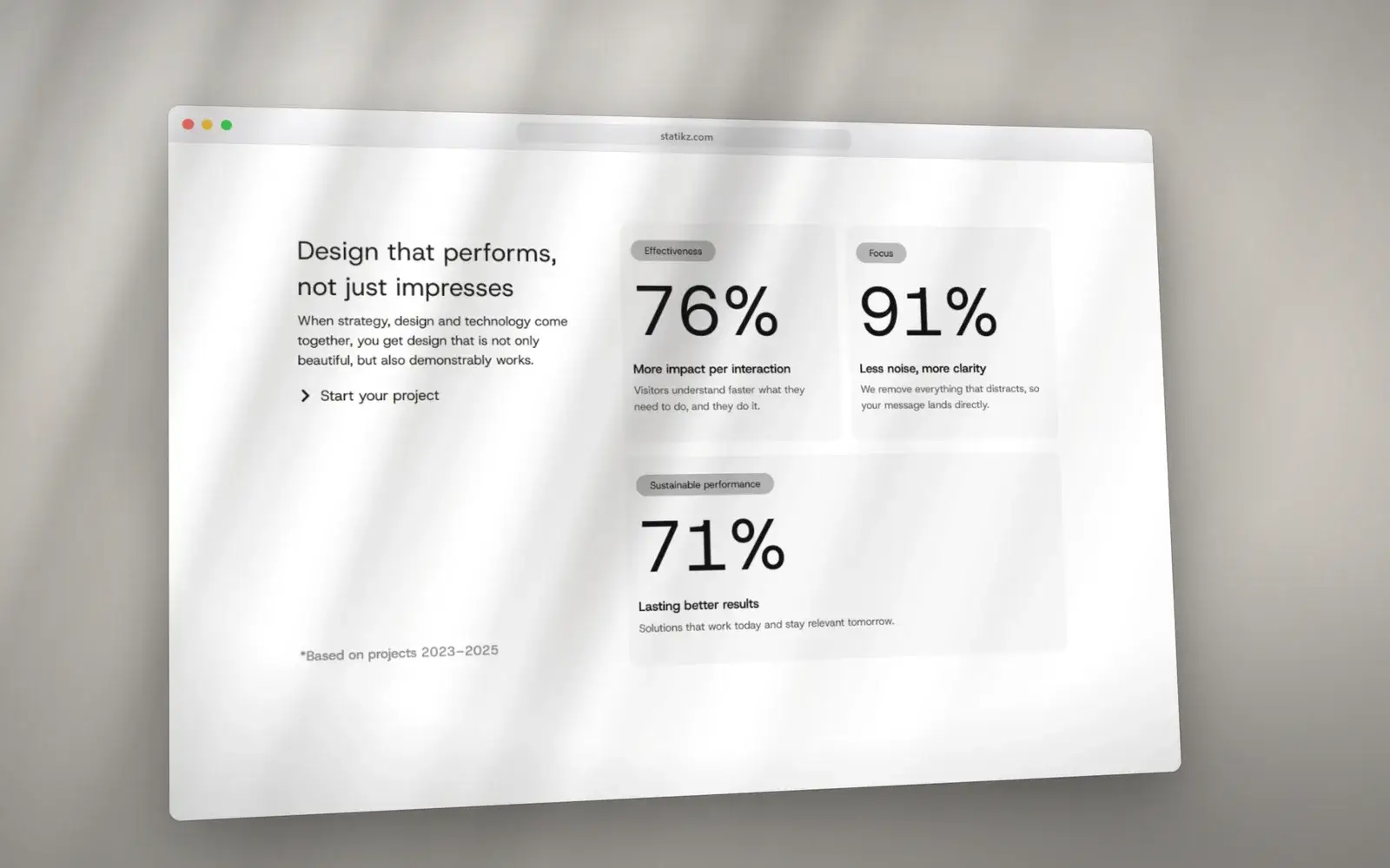 Resultaten op de Statikz-site in een browservenster: 76, 91 en 71 procent in grote cijfers