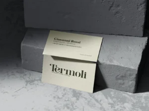 Visitekaartjes van Termoli met het donkergroene woordmerk op gebroken wit papier, tegen grijze steen
