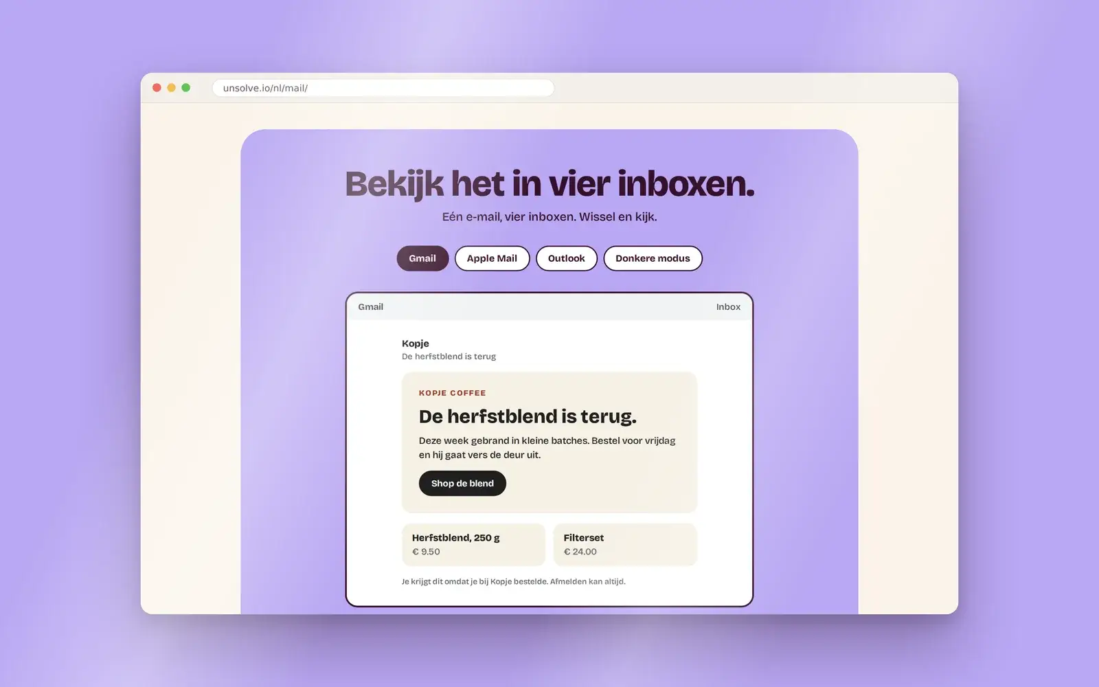 Blok Bekijk het in vier inboxen op een lila vlak: één voorbeeldmail van koffiewinkel Kopje, te bekijken in Gmail, Apple Mail, Outlook en donkere modus.
