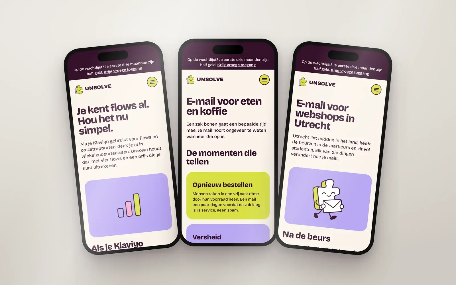 Drie telefoons met landingspagina’s van Unsolve: overstappen van Klaviyo, e-mail voor eten en koffie, en e-mail voor webshops in Utrecht.