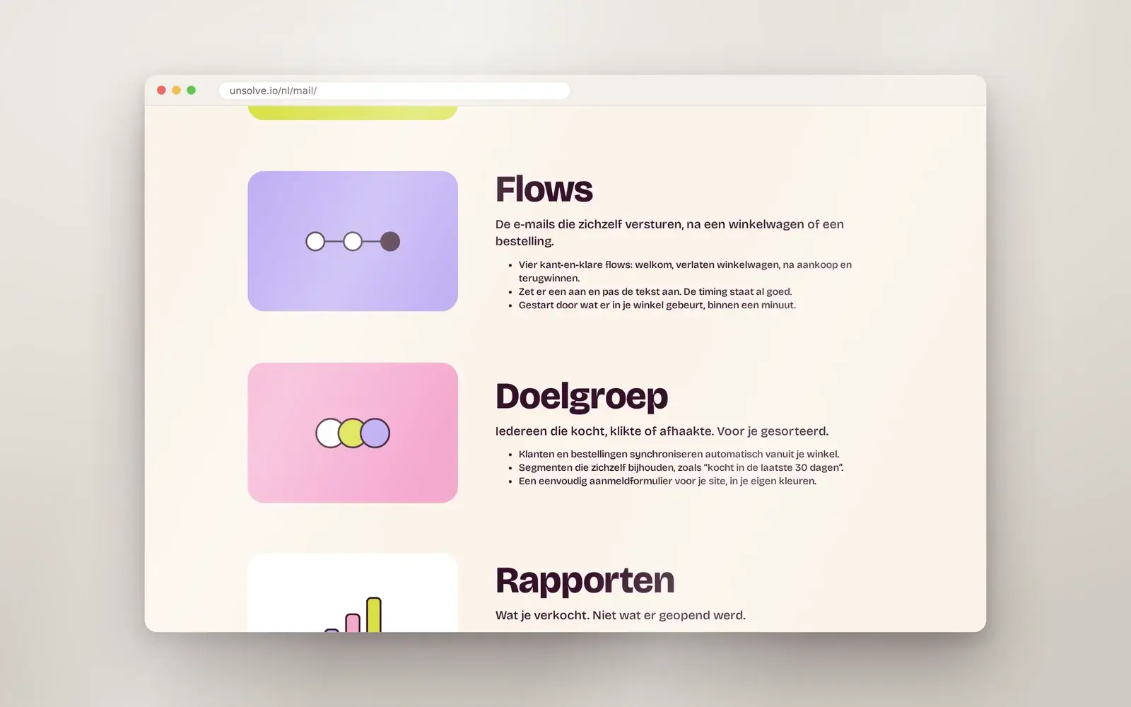 Pagina Mail van Unsolve in een browservenster: Flows, Doelgroep en Rapporten, elk met een eigen kleurvlak en icoon.