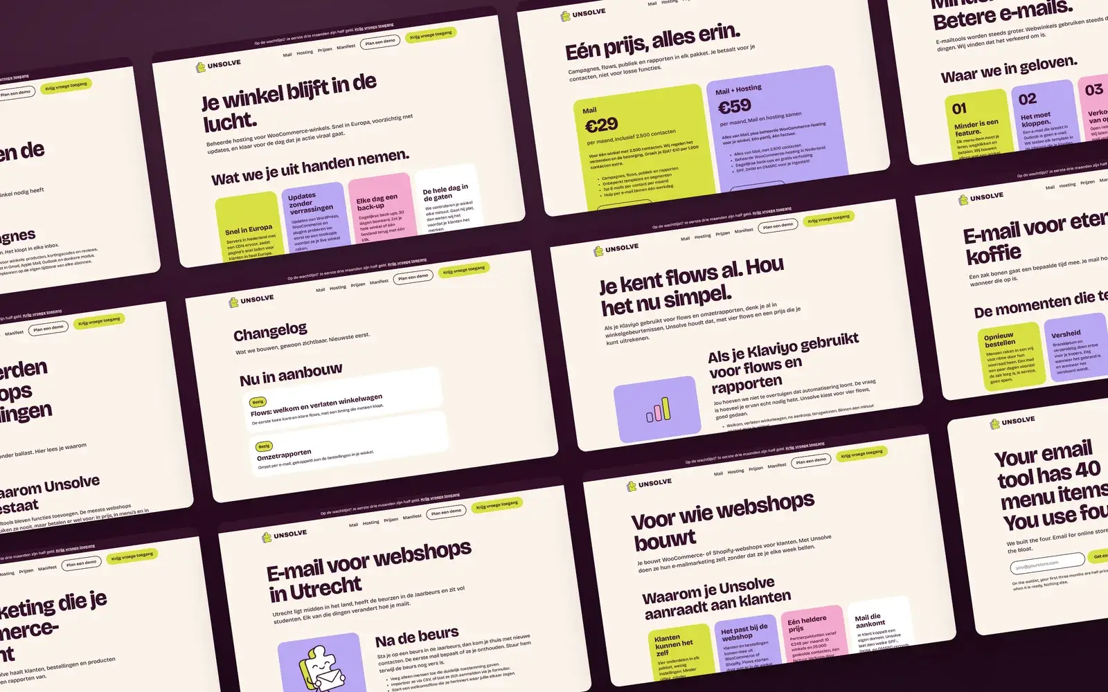 Wand van pagina’s van de nieuwe Unsolve-site tegen een aubergine achtergrond: Mail, Hosting, Prijzen, Manifest, Changelog, branches en locaties.