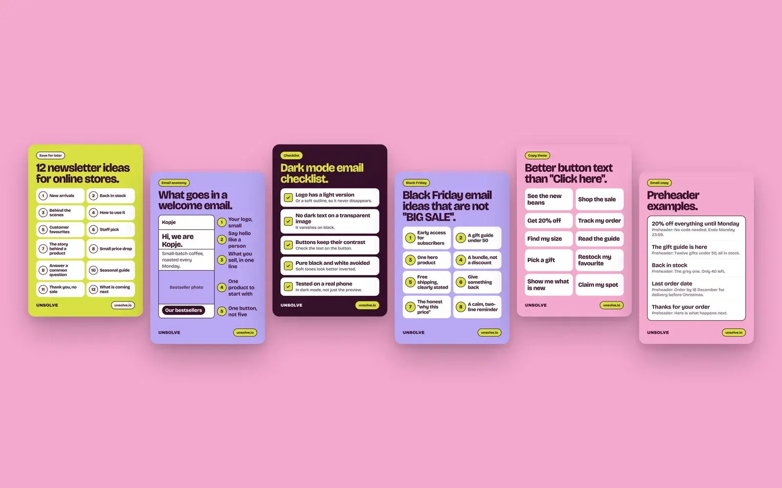 Zes Pinterest-pins van Unsolve op een roze vlak: checklists en ideeën voor e-mails van webwinkels.
