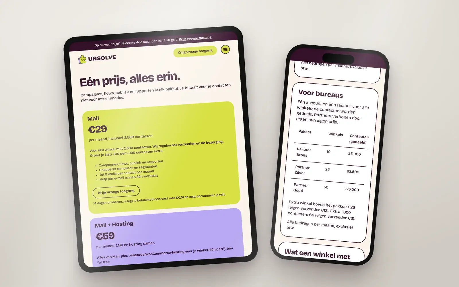 Prijzenpagina van Unsolve op een tablet en een telefoon: Mail voor 29 euro, Mail en Hosting voor 59 euro, en de tabel met partnerpakketten.